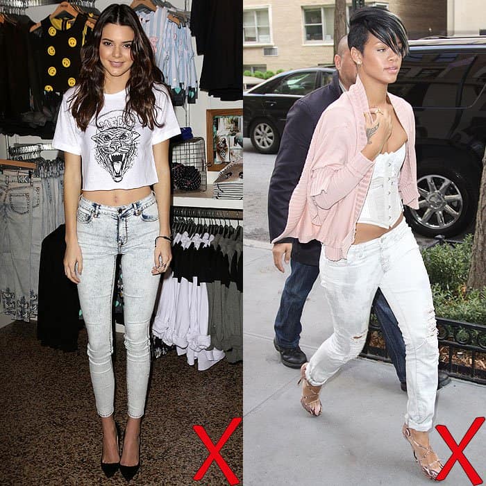 Kendall Jenner and Rihanna show that even stylish stars can stumble, pairing acid-wash jeans with overly revealing tops that throw off the outfit balance