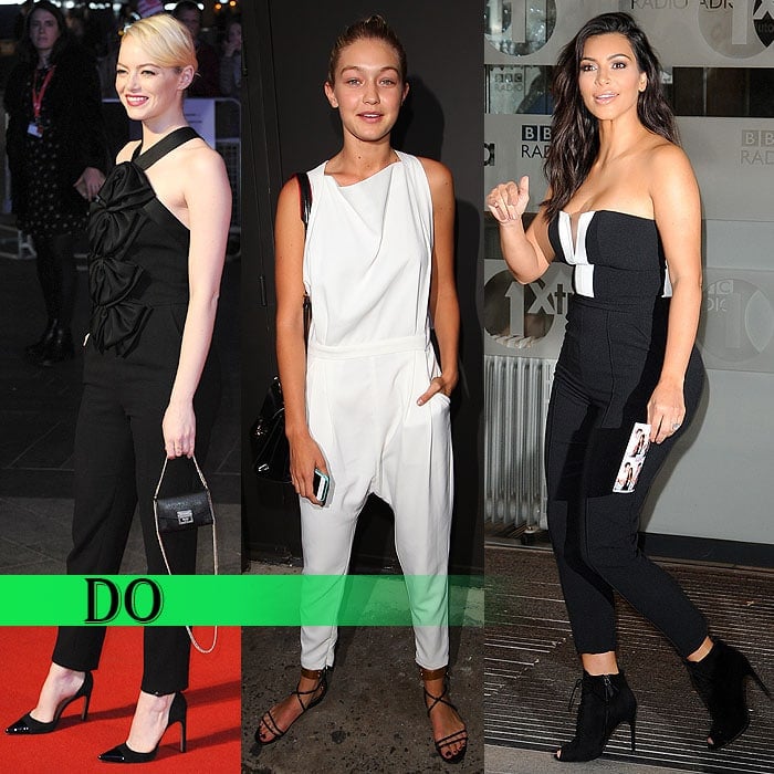 Emma Stone wearing pointy-toe ankle-strap pumps with her ankle-length jumpsuit, Gigi Hadid pairing strappy flat sandals with her white cowl-neck jumpsuit, and Kim Kardashian wearing peep-toe booties with her strapless jumpsuit