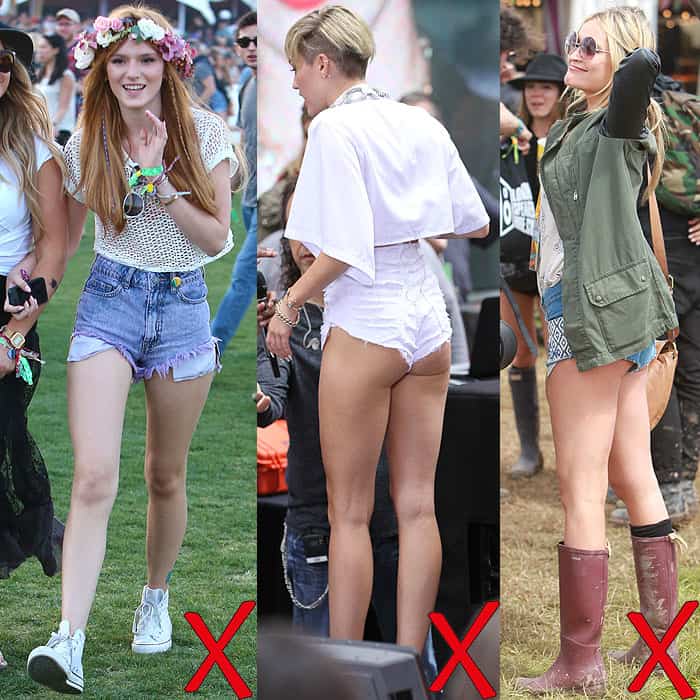 Bella Thorne, Miley Cyrus, and Laura Whitmore show how ultra-short acid-wash shorts can cross the line from trendy to tacky when coverage is sacrificed for shock value