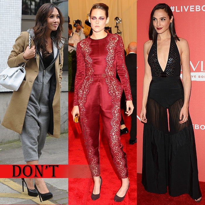 Myleene Klass in a saggy gray jumpsuit, Kristen Stewart in a poorly tailored jumpsuit with weird puckering at the crotch, and Gal Gadot in a swimsuit-cum-palazzo pants jumpsuit that gives her camel toe