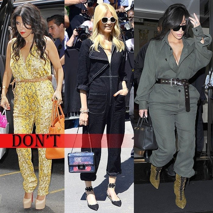 Kourtney Kardashian pairing clunky platform pumps with her printed jumpsuit, Claudia Schiffer rolling up the thick hem of her denim jumpsuit to show her ankle-strap flats, and Kim Kardashian creating bulk by tucking her jumpsuit's pants into her lace-up boots