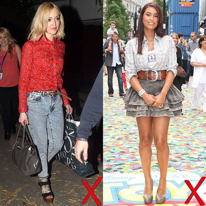 Fearne Cotton and Chantelle Tagoe miss the mark by pairing acid-wash denim with clashing styles—one too stiff and mismatched, the other overly busy and outdated