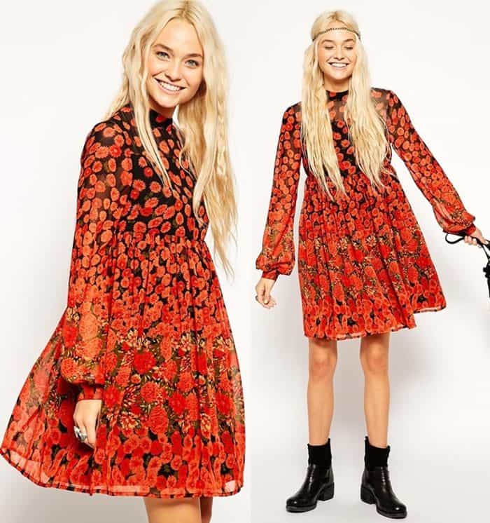 ASOS Skater Dress with Funnel Neck in Border Poppy Print