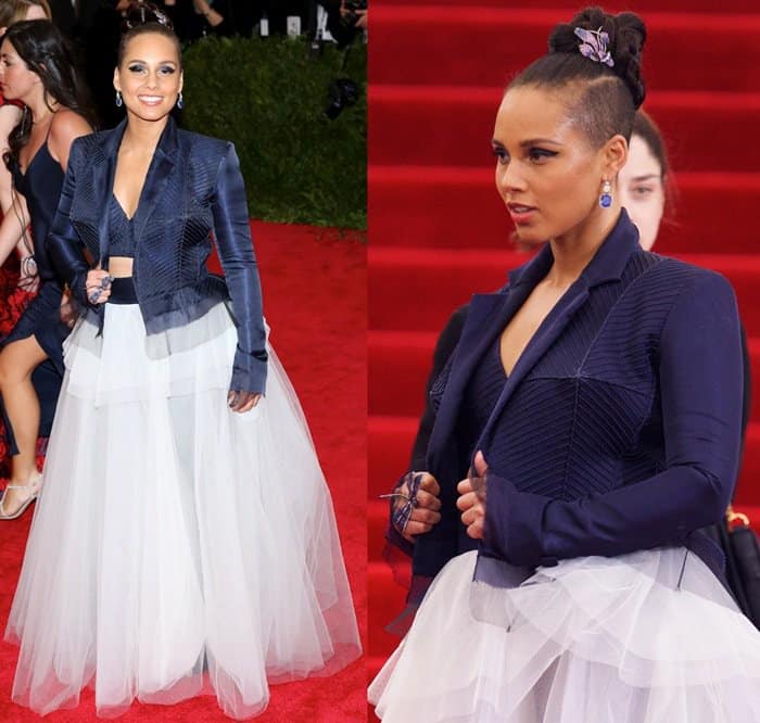 Alicia Keys in a layered skirt and a severe-looking black jacket at the 2015 Met Gala