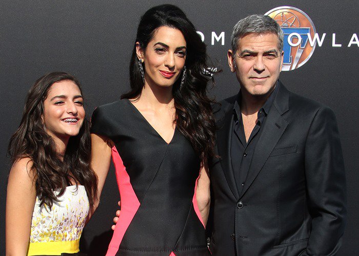 Mia Alamuddin, Amal Clooney and George Clooney attend the premiere of "Tomorrowland"