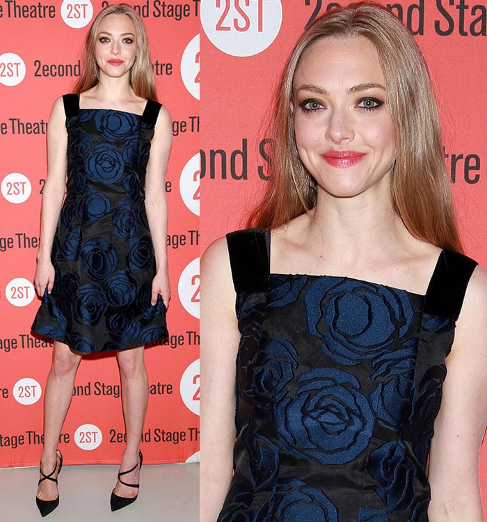 Amanda Seyfried flashed her legs in a midnight blue-and-black floral brocade dress