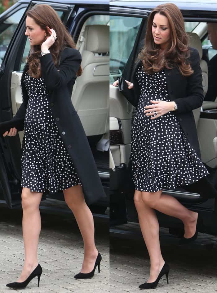 Kate Middleton wears a polka dot skater dress by Asos Maternity for a visit to the Brookhill Children's Centre