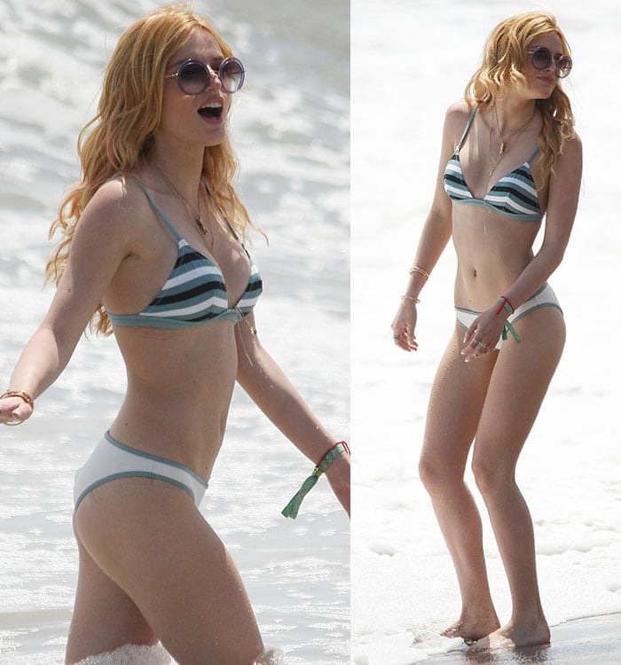 Bella Thorne stripping down to a tiny bikini at the Memorial Day party hosted by Joel Silver