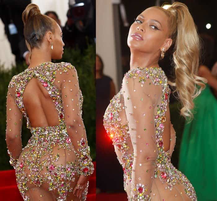 Beyoncé Giselle Knowles-Carter donned a revealing sheer tulle evening dress covered with strategically placed multicolored gemstones