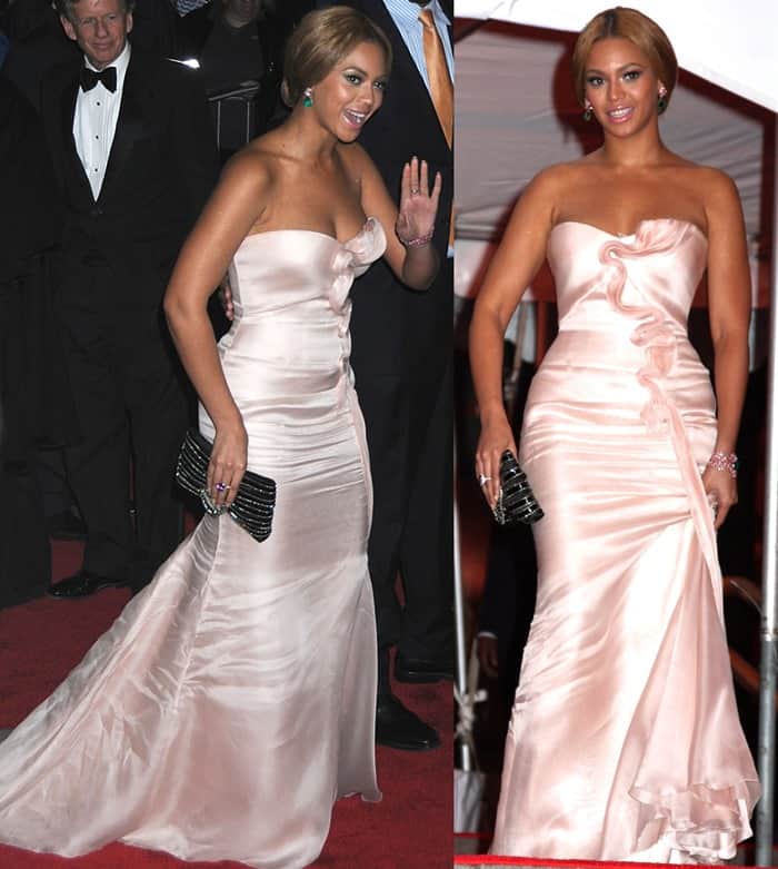 Beyonce Knowles wearing a strapless baby-pink Armani Prive gown
