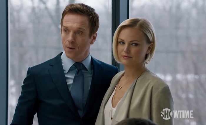 Damian Lewis and Malin Akerman as Lara and Bobby Axelrod in Billions, an American television drama series