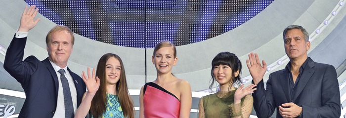 Brad Bird, Raffey Cassidy, Britt Robertson, Mirai Shida, and George Clooney at the premiere of Tomorrowland at Roppongi Hills in Tokyo on May 25, 2015