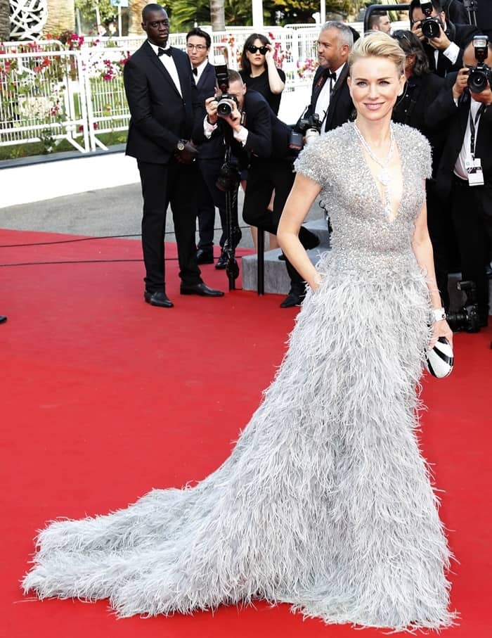 Naomi Watts wears a gunmetal-gray Elie Saab feather dress on the 2015 Cannes Film Festival red carpet