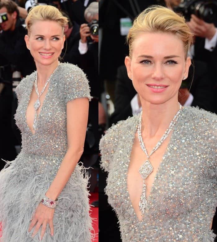 Naomi Watts' vintage necklace and a diamond cuff at the 68th Annual Cannes Film Festival