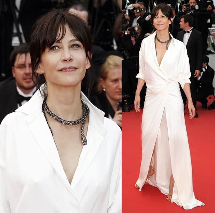 Sophie Marceau looked stunning in a white Alexandre Vauthier silk wrap front skirt dress