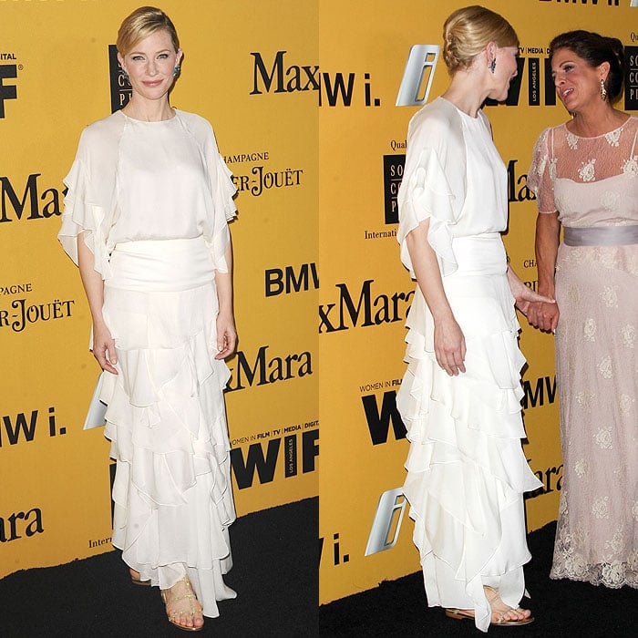 Cate Blanchett stunned in a white Chloé tiered ruffle gown and Jimmy Choo "Doodle" sandals at the 2014 Crystal + Lucy Awards