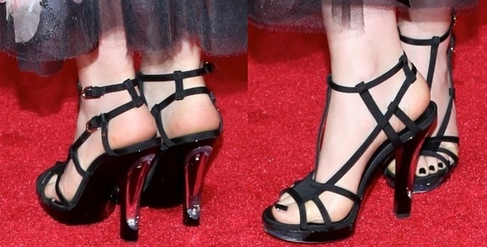 Lily Collins' hot feet in black Chanel strappy shoes