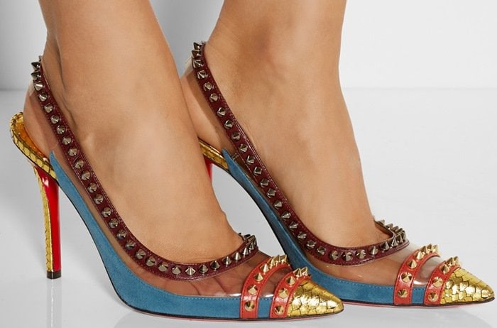 'Cloo' 100 Studded Snake, PVC and Leather Slingback Pumps