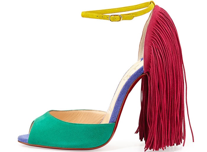 Padma Lakshmi in Christian Louboutin Colorblock “Otrot” Fringe Sandals