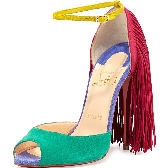 Padma Lakshmi in Christian Louboutin Colorblock “Otrot” Fringe Sandals