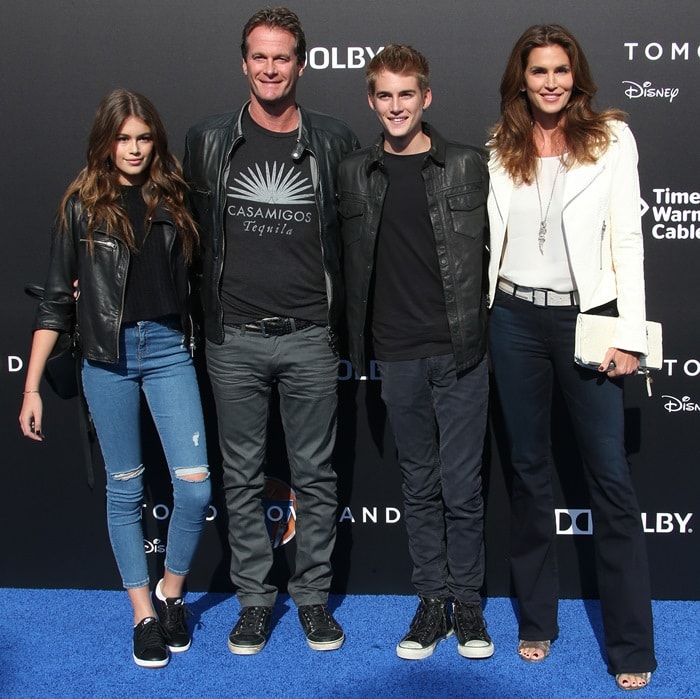 Kaia Gerber, Rande Gerber, Cindy Crawford, and Presley Gerber at the premiere of 'Tomorrowland' at AMC Downtown Disney in Anaheim on May 9, 2015