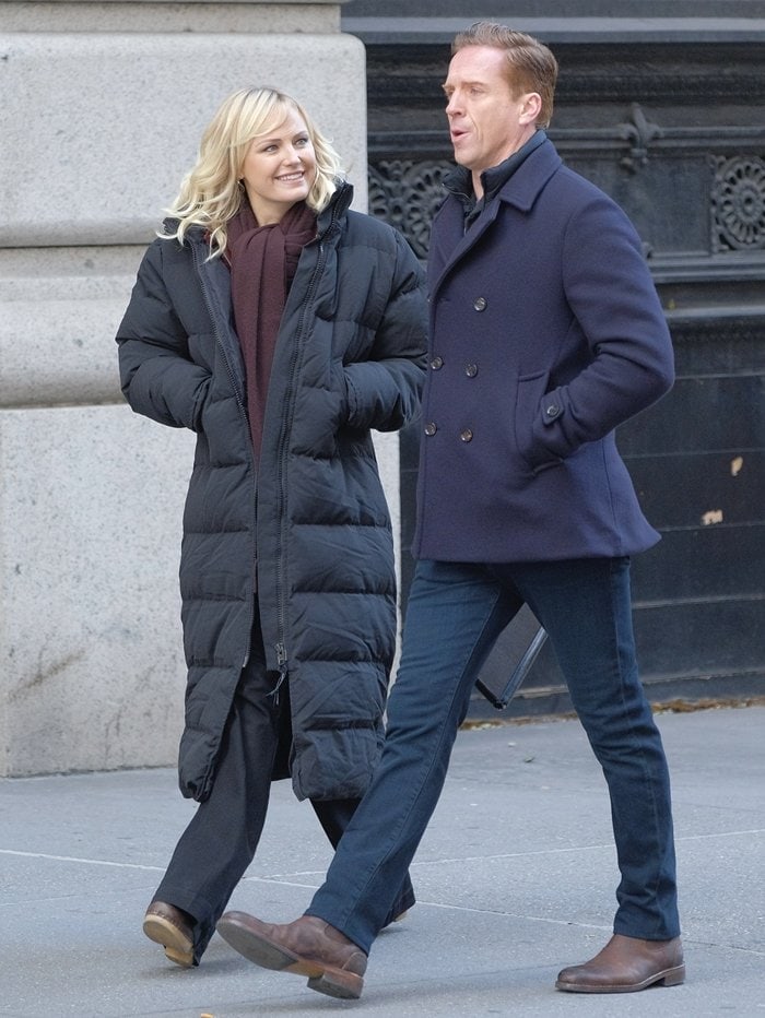 Damian Lewis and Malin Akerman as Lara and Bobby Axelrod on the set of 'Billions'