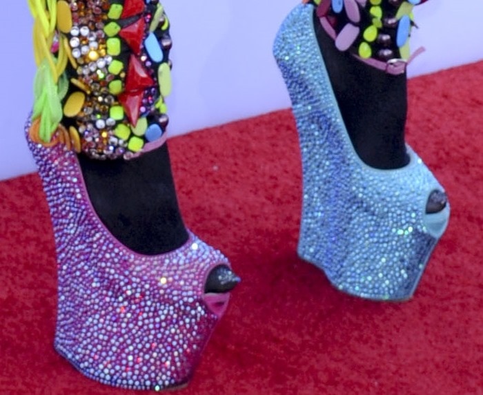 Dencia in super sparkly heel-less wedges