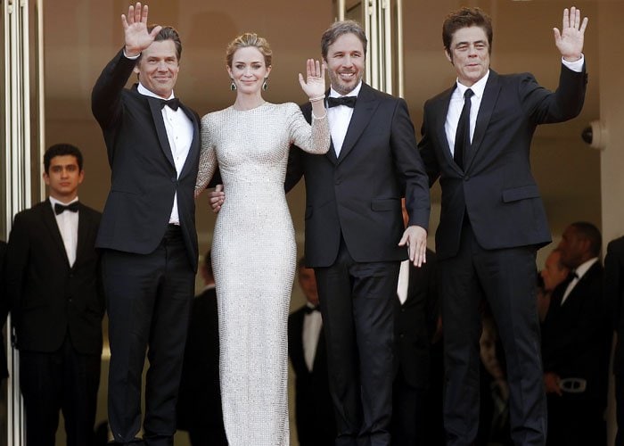 Actors Josh Brolin, Emily Blunt, director Denis Villeneuve and actor Benicio Del Toro attend the "Sicario" premiere