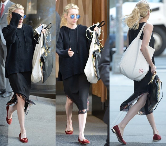 Emma Roberts wears Charlotte Olympia cat slippers with a black dress from Elkin
