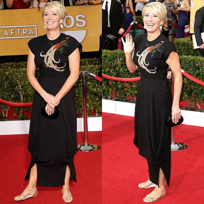 Opting for monsieur Christian Louboutin's "Toboggan" gold glitter flats, the 56-year-old British actress happily and comfortably walked the red carpet at the 2014 SAG Awards