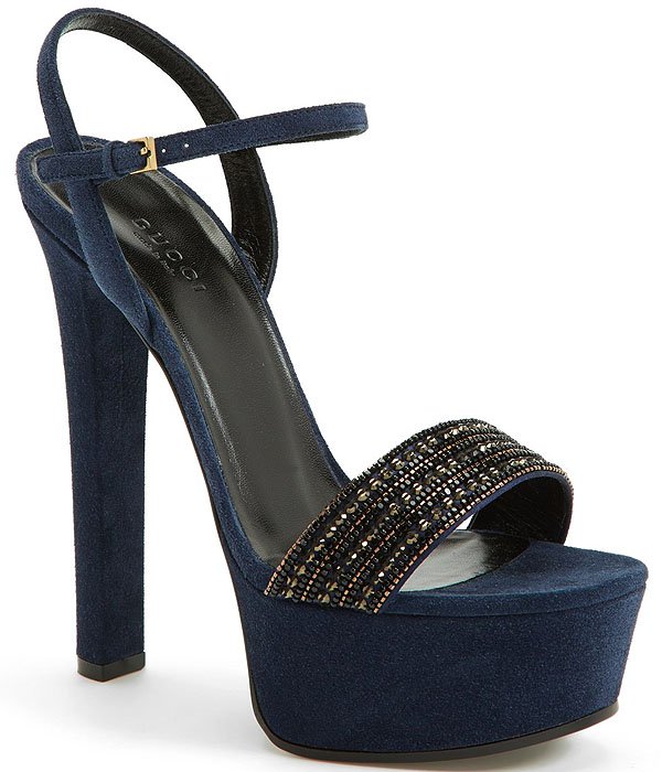 Gucci Leila Beaded Platform Sandals in Blue Suede