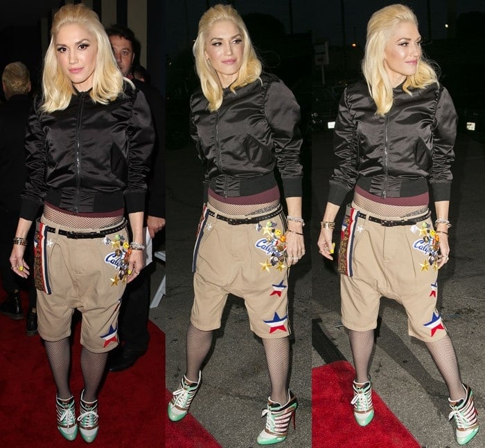Gwen Stefani rocked beige NLST harem shorts and black fishnet tights