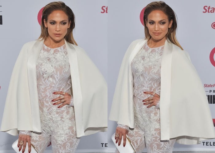 Jennifer Lopez in a Zuhair Murad jumpsuit and cape from the Spring 2014 couture collection