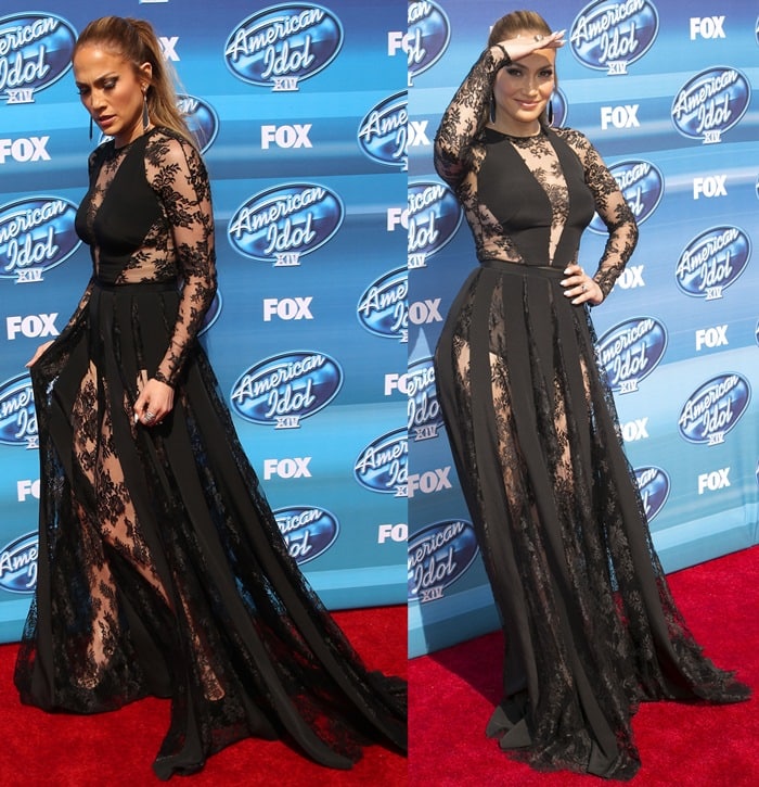 Jennifer Lopez in a see-through black lace-paneled bodysuit with matching evening skirt from the Zuhair Murad Fall 2015 collection