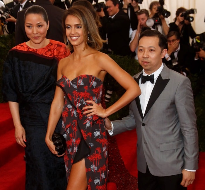 Jessica Alba, posing with Kenzo creative directors Humberto Leon and Carol Lim, at the 2015 Met Gala