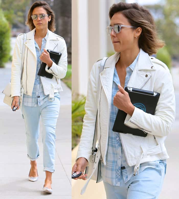 Jessica Alba was seen wearing a Rails Liam plaid button-down shirt paired with Kate Spade Willa flats and Made Eyewear Hudson Crystal sunglasses while leaving the Gentle Wellness Center