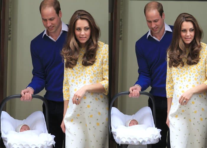 Catherine, Duchess of Cambridge and Prince William, Duke of Cambridge, leave St Mary's hospital with their new baby daughter