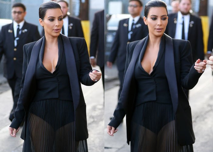 Kim Kardashian slicked her hair into a polished low bun and paired it with her signature smoky eye and nude lip, creating a bold yet elegant beauty statement