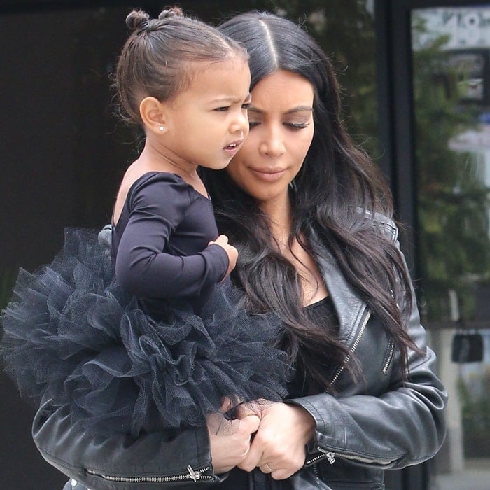 North West looked cute in a ballerina's tutu and a mini leather jacket