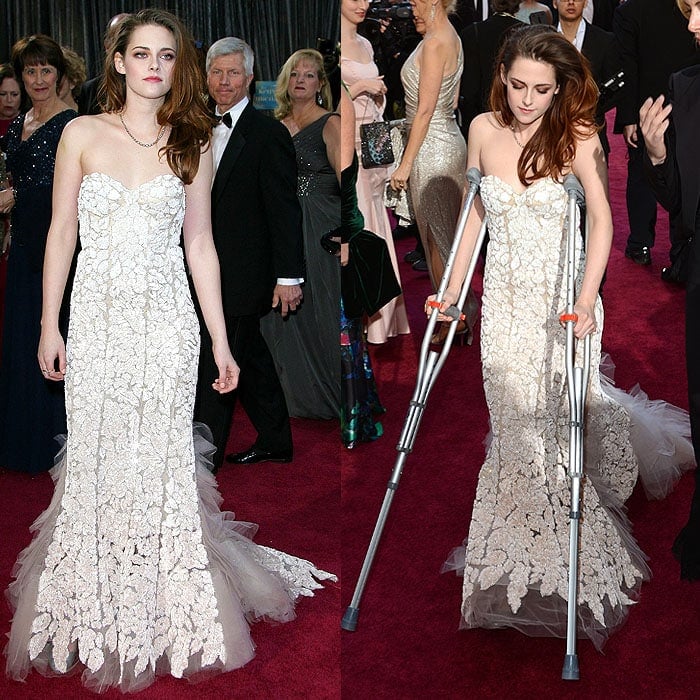 Crutches and a foot injury didn't stop Kristen from looking fabulous in a Reem Acra couture strapless gown and Bloch "Fonteyn" ballet flats at the 2013 Oscars