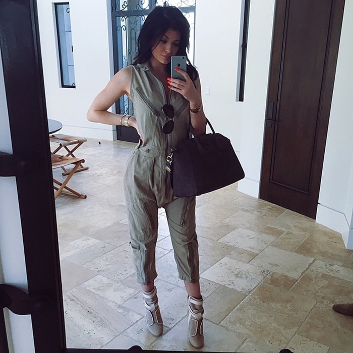 Kylie Jenner in a khaki jumpsuit on Instagram