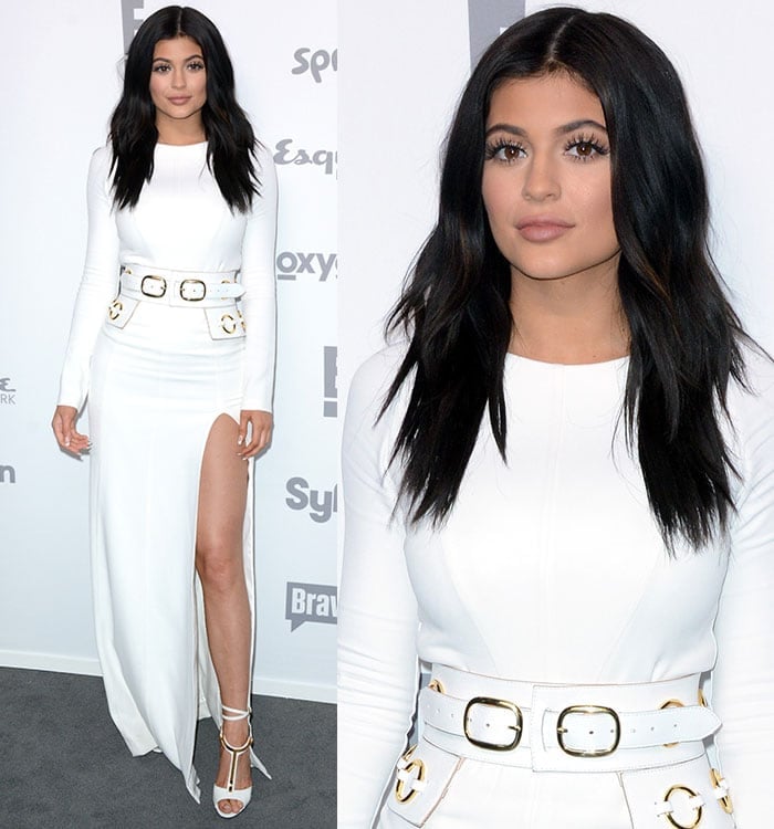 Kylie Jenner in a white dress at the NBCUniversal Upfront in New York City on May 14, 2015