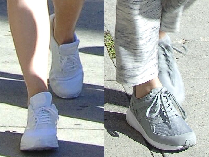 Kylie Jenner's white sneakers and Kendall Jenner's gray shoes