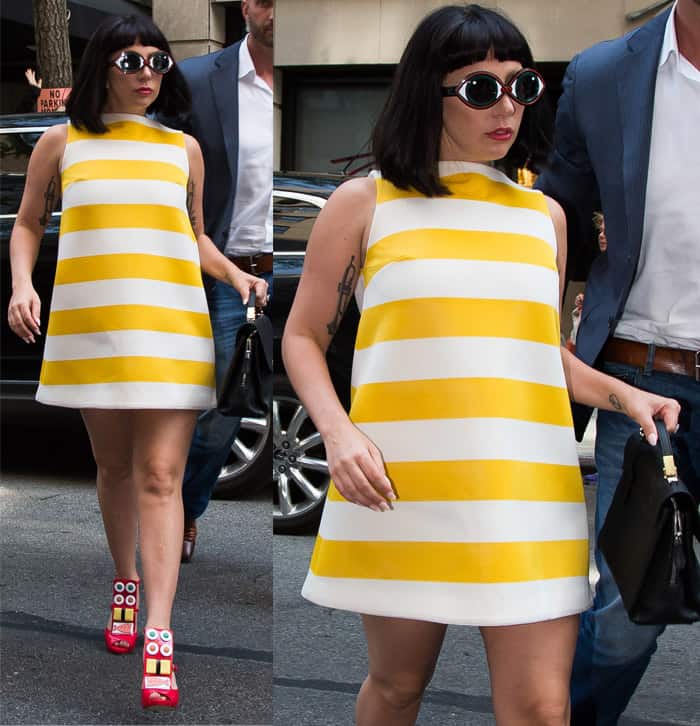 Lady Gaga wearing a striped shift dress