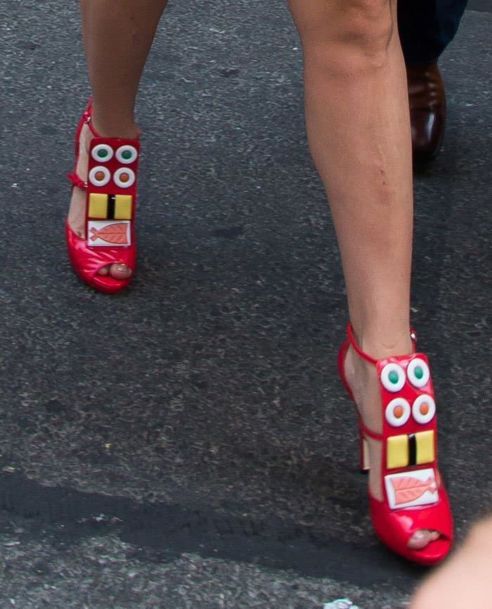 Lady Gaga's sushi shoes feature pieces resembling sushi rolls, nigiri, and other playful, food-inspired decorations