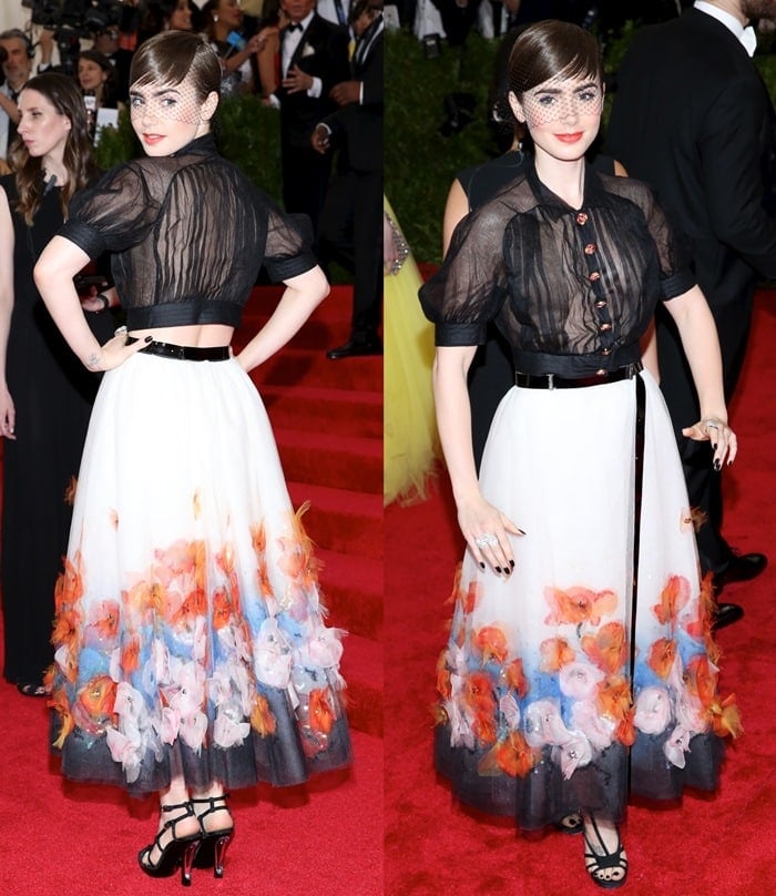 Lily Collins wore a black button-down blouse and a flower-appliqued skirt