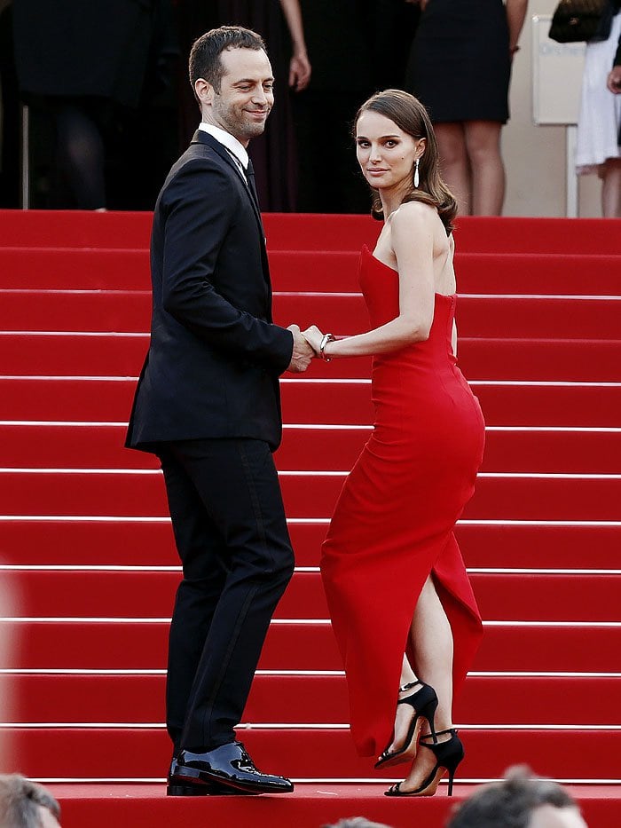 Husband-and-wife Benjamin Millepied and Natalie Portman on the famous stairs of the Cannes Film Festival