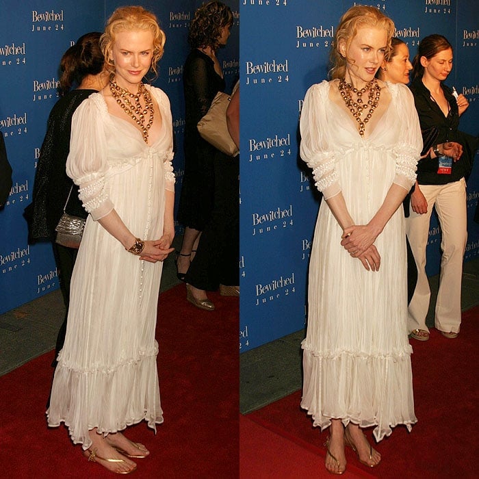 Nicole Kidman channeled the complete opposite of her witchy role in a floaty, white Yves Saint Laurent dress