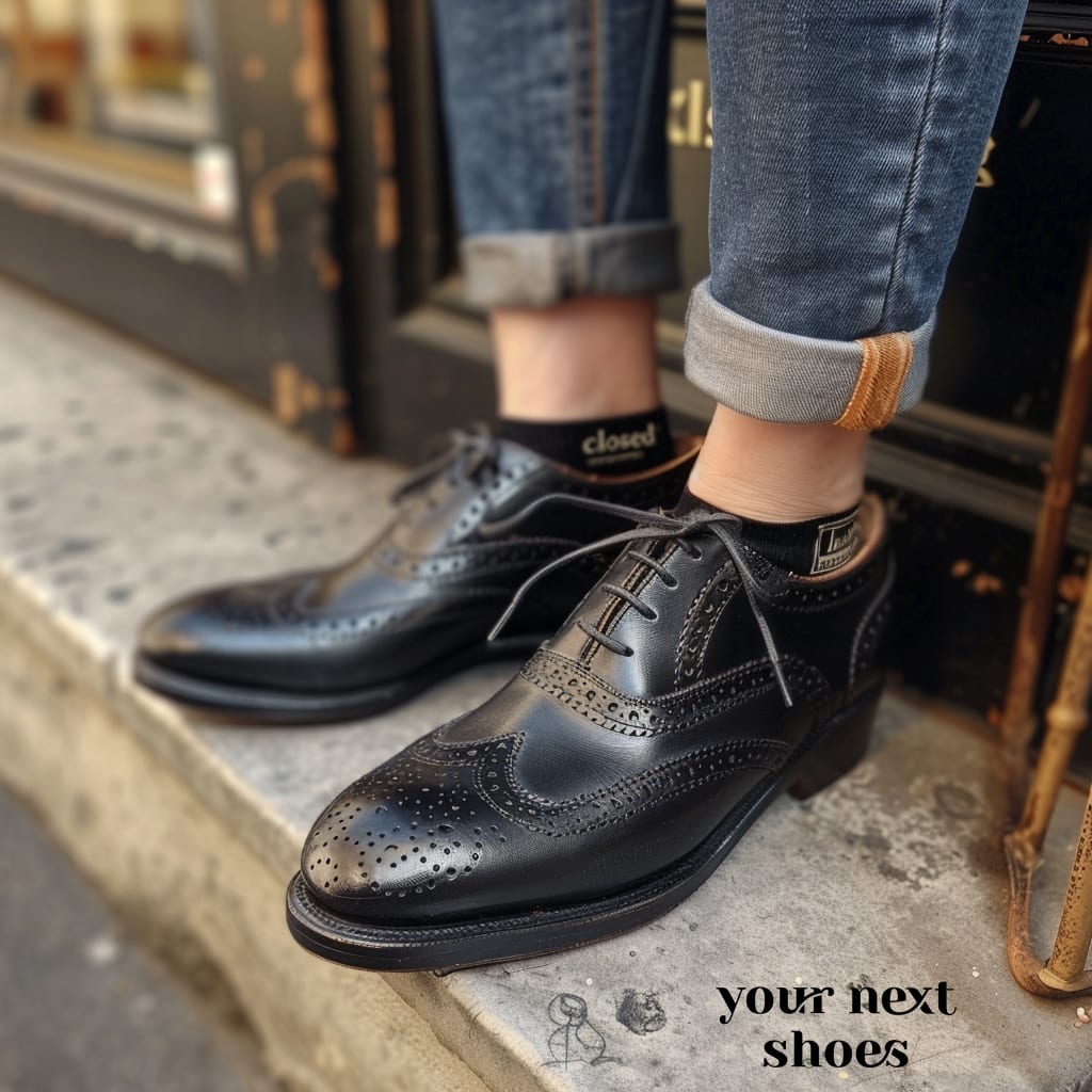 Classic black Oxford shoes paired with cuffed blue jeans for a smart casual look