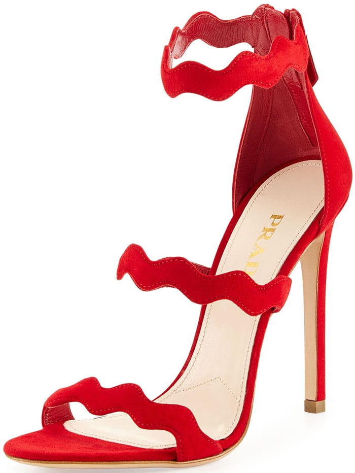 Prada Suede Triple-Strap Wavy Sandals in Rosso